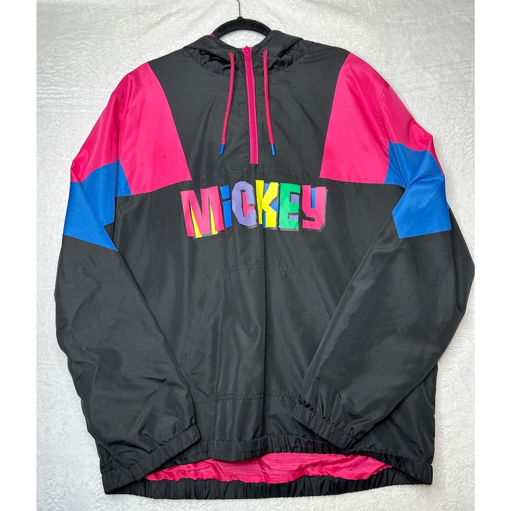 Disney Mickey Mouse Vintage Windbreaker Jacket XL Black Pink 90s Style